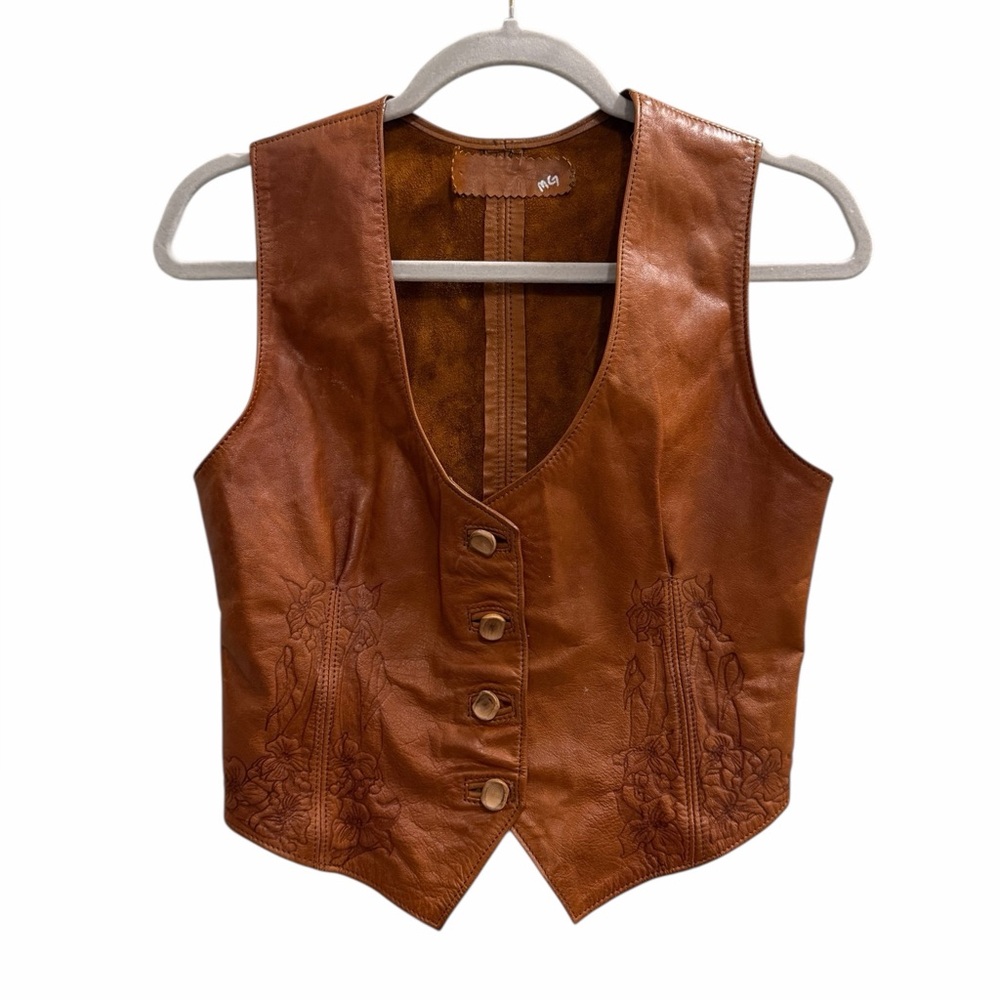 Vintage Brown Leather Embroidered Button-Front Vest